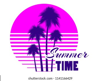 Summer time retro futuristic landscape with palm trees. Neon sunset in the style of 80s. Synthwave retro background. Retrowave logo. Vector illustration