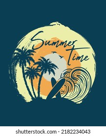 Summer Time Retro Palm Beach Surf Board Tshirt Design