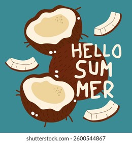 Summer time retro poster with tropic coconut. Background on the theme of summer, vacation, weekend, beach. Perfect for posters, cover art, flyer, banner