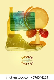 Summer time retro poster. Vector design with vintage things. Eps 10.