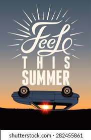 Summer time retro poster. Vector typographical design on sunset background. Eps 10.