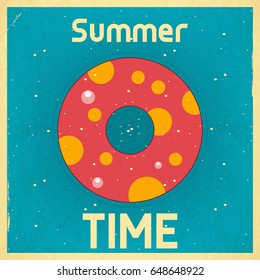 Summer Time Retro Square Poster - Swimming Circle on Blue Background. Vector Illustration.