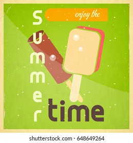 Summer Time Retro Square Poster - Chocolate and Vanilla Ice Cream on Green Background. Vector Illustration.