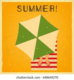Summer Time Retro Square Poster - Beach Umbrella on Sandy Yellow Background. Vector Illustration.