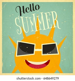 Summer Time Retro Square Poster - Funny Sun In Glasses on Blue Background. Vector Illustration.