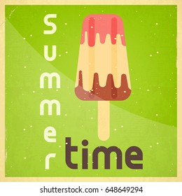 Summer Time Retro Square Poster - Ice Cream on Green Background. Vector Illustration.