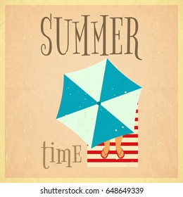 Summer Time Retro Square Poster - Beach Umbrella on Sandy Background. Vector Illustration.