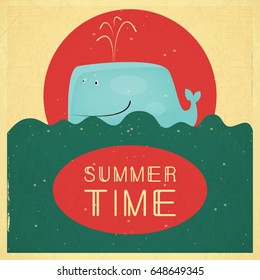 Summer Time Retro Square Poster - Blue Whale on Background of the Sun. Vector Illustration.