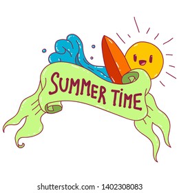 Summer time with ribbon banner vector cartoon illustration isolated on a white background.