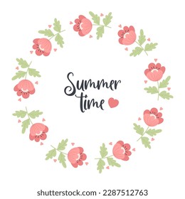 Hora de verano. Postal redonda de marco floral con flores de amapolas rojas. Ilustración vectorial para decoración, diseño, impresión y servilletas, tarjetas y postales.