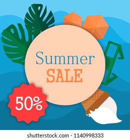 Summer time sale banner frame on exotic background, bright green tropical palm tree leaves, spectacles, umbrellas and ice cream. Vector design illustration.