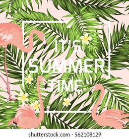 Summer time sale banner frame on seamless background of exotic pink flamingo birds, bright green tropical palm tree leaves and plumeria flowers. Vector design illustration.