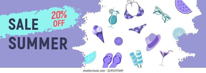Summer time sale banner with text and beach objects.