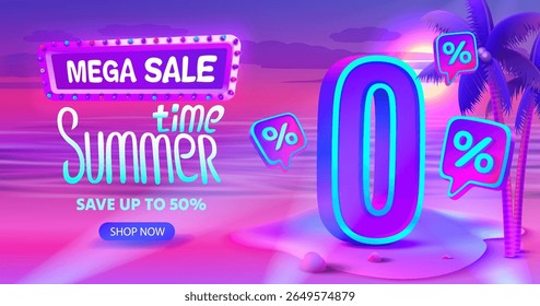 Summer time, sale offer 0 percentage, flyer save season. Vector illustration