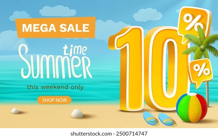 Guardar Tiempo de verano, oferta de venta 10 por ciento, flyer temporada. Ilustración vectorial