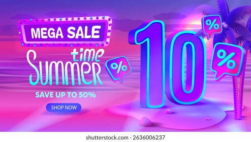 Summer time, sale offer 10 percentage, flyer party on the beach. Vector illustration