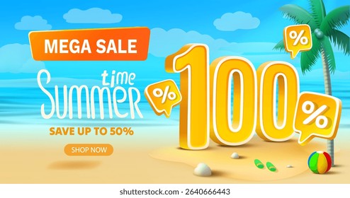 Summer time, sale offer 100 percentage, flyer party on the beach. Vector illustration