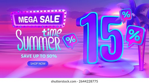 Summer time, sale offer 15 percentage, flyer party on the beach. Vector illustration