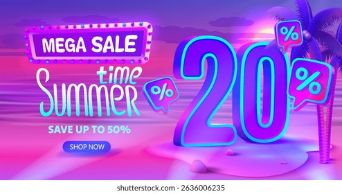 Summer time, sale offer 20 percentage, flyer party on the beach. Vector illustration