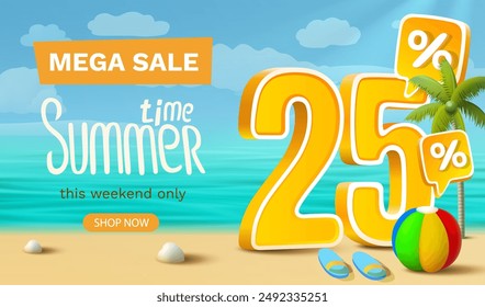 Summer time, sale offer 25 percentage, flyer save season. Vector illustration