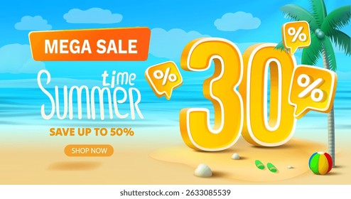 Summer time, sale offer 30 percentage, flyer save season. Vector illustration