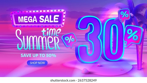Summer time, sale offer 30 percentage, flyer party on the beach. Vector illustration