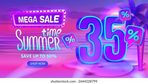 Summer time, sale offer 35 percentage, flyer party on the beach. Vector illustration