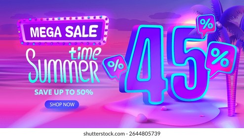 Summer time, sale offer 45 percentage, flyer party on the beach. Vector illustration