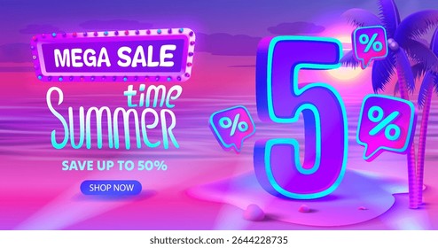Summer time, sale offer 5 percentage, flyer party on the beach. Vector illustration
