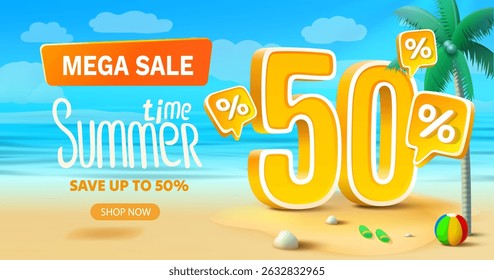 Summer time, sale offer 50 percentage, flyer save season. Vector illustration