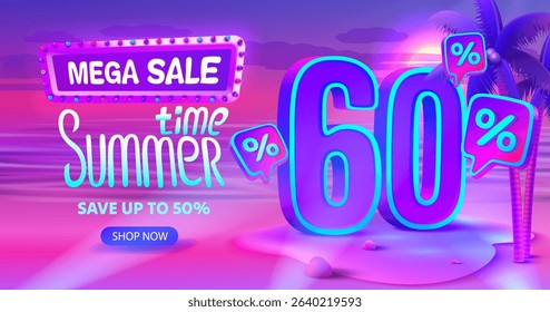 Summer time, sale offer 60 percentage, flyer party on the beach. Vector illustration