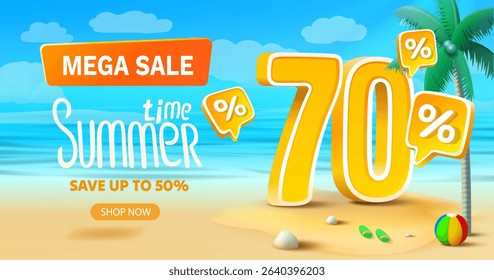 Summer time, sale offer 70 percentage, flyer party on the beach. Vector illustration