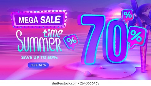 Summer time, sale offer 70 percentage, flyer party on the beach. Vector illustration