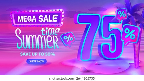 Summer time, sale offer 75 percentage, flyer party on the beach. Vector illustration