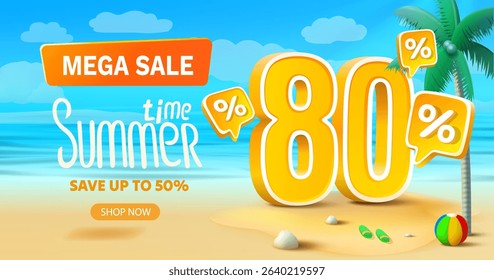 Summer time, sale offer 80 percentage, flyer party on the beach. Vector illustration