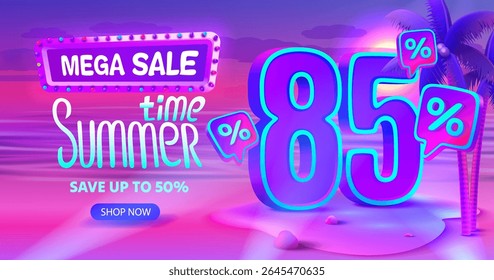 Summer time, sale offer 85 percentage, flyer party on the beach. Vector illustration