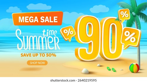 Summer time, sale offer 90 percentage, flyer party on the beach. Vector illustration