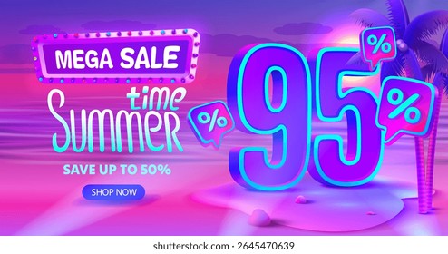 Summer time, sale offer 95 percentage, flyer party on the beach. Vector illustration