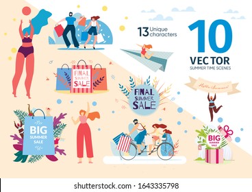 Summer Time Sales Scenes, Preparing to Vacations Season Concepts Trendy Flat Vectors Set. Happy Couple Going on Shopping, Family Riding Bicycle, People Returning from Ship with Purchases Illustration