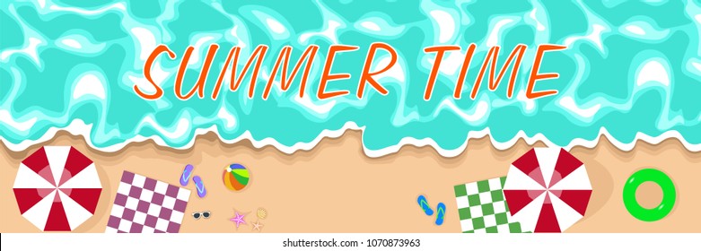 summer time - sandy beach by the sea, rest at sea, sun umbrella, vector illustration esp 10