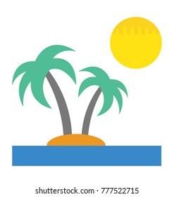 Summer time, Sandy beach tropical cost flat design vector icon
