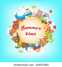 Summer time sandy circle banner surrounded with colorful beach elements and accessories