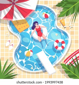 Escena de verano. Vista aérea de la piscina Las mujeres con traje de baño descansan en las anillas. En la piscina hay bolas y balsas hinchables. Junto a la piscina hay zapatillas, sombrillas y toallas.