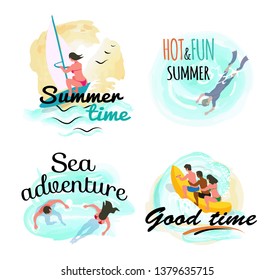 Summer time and sea adventure vector, people having fun by seaside. Man and woman riding inflatable banana boat, hot and fun summer ,windsurfing and scuba diving swimming