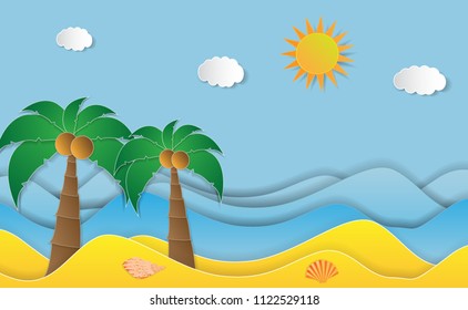 Summer time , sea with beach and coconut tree , paper art style