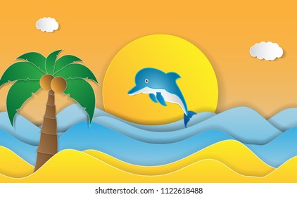 Summer time , sea with beach and coconut tree , paper art style