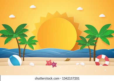 Summer time , sea with beach and coconut tree , paper art style