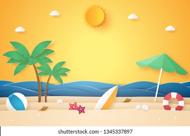 Summer time , sea and beach with coconut tree and stuff , paper art style