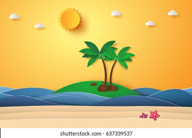 Summer time , sea with beach and coconut tree , paper art style