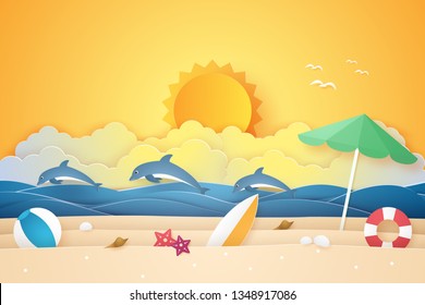 Summer time , sea and beach with dolphins and stuff , paper art style